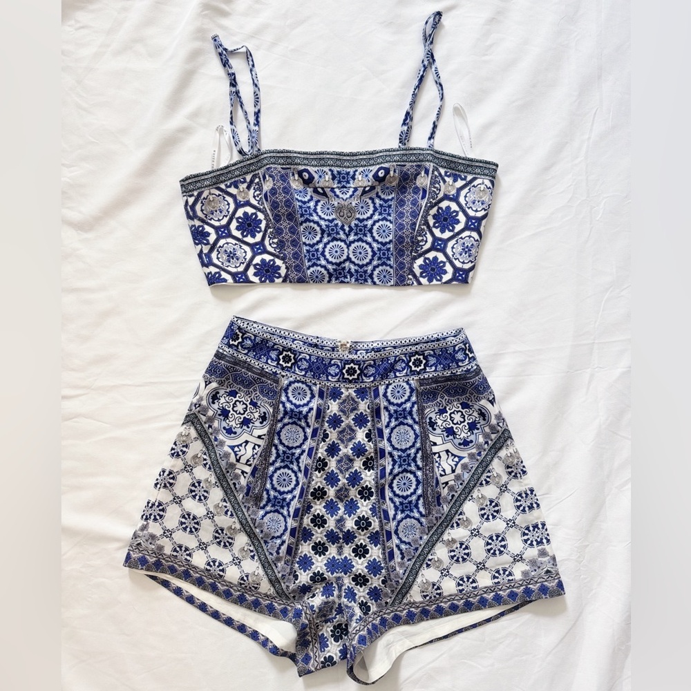 White Fox Boutique Blue and White Skirt Set - XS